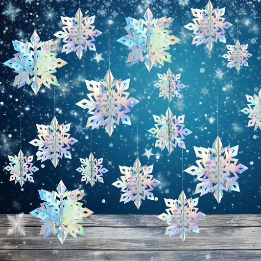 OuMuaMua 24PCS 3D Laser Iridescent Snowflakes Hanging Decorations for Christmas Winter Wonderland Holiday Home Decorations Indoor