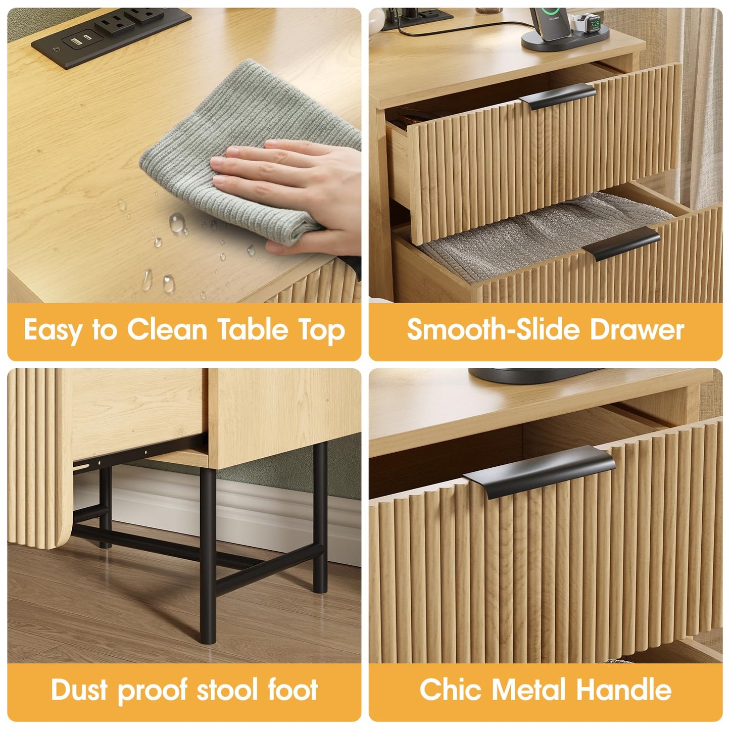 Fluted Nightstand with Charging Station, 20" Modern Bedside Table with 2 Drawers for Bedroom, Mid Century Modern End Table with Storage for Living Room, Natural Oak (1 Piece)