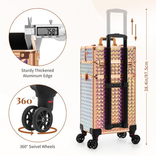 AROUS Rolling Makeup Train Case on 2 Large Drawer, Multi-functional Cosmetic Trolley with 360° Swivel Wheels Keys, Large Storage Traveling Cart Trunk, Train Cases for Nail Technicians Hairstylist