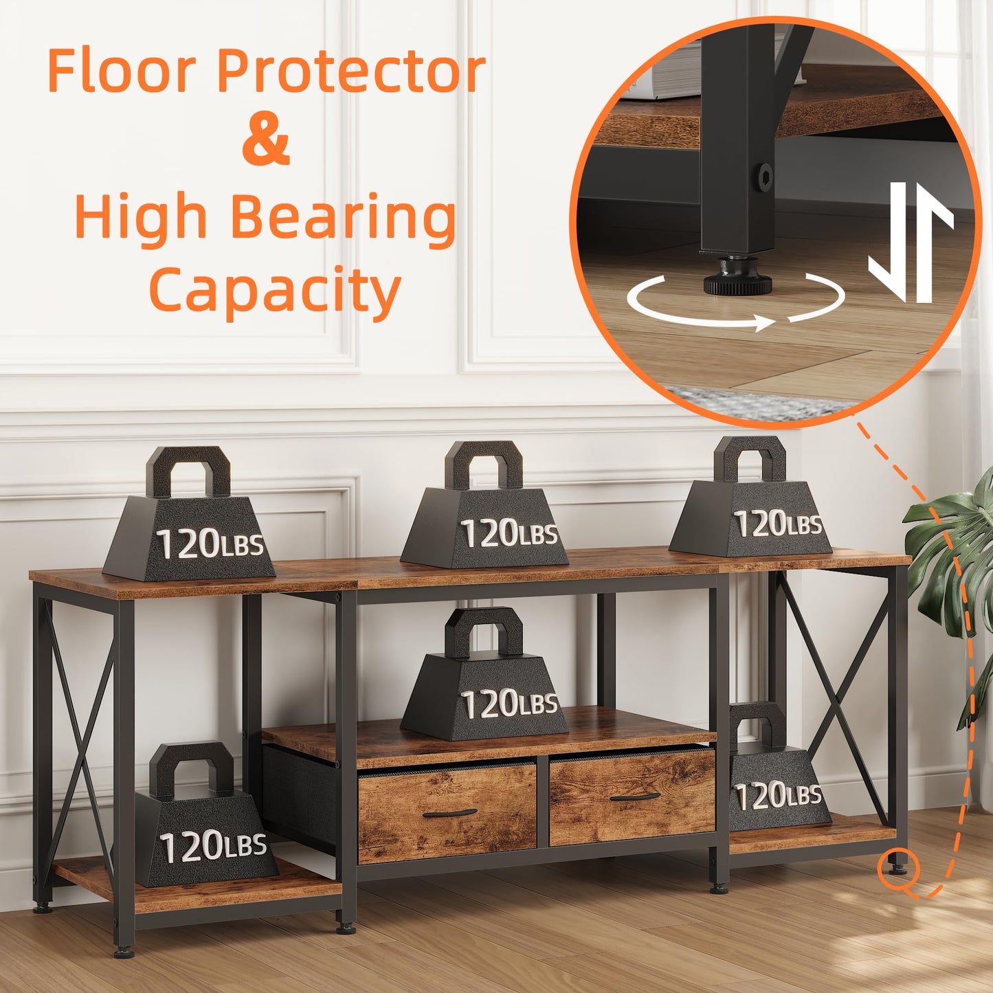 GYIIYUO TV Stand with Fabric Drawers for 65 70 75 Inches TV - Entertainment Center and Industrial TV Console Table with Open Storage Shelves for Living Room, Bedroom - 63" Rustic Brown