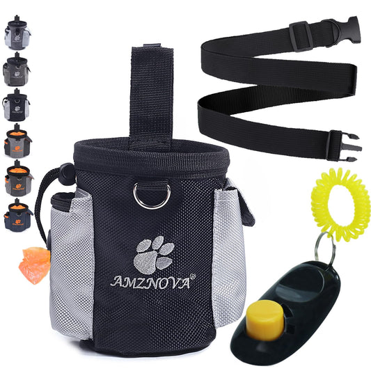 AMZNOVA Dog Treat Bag, Puppy Training Pouch, 3 Cups Animal Walking Snack Container Best Hiking Toys Pack Dispenser Carries with Waistband, Black