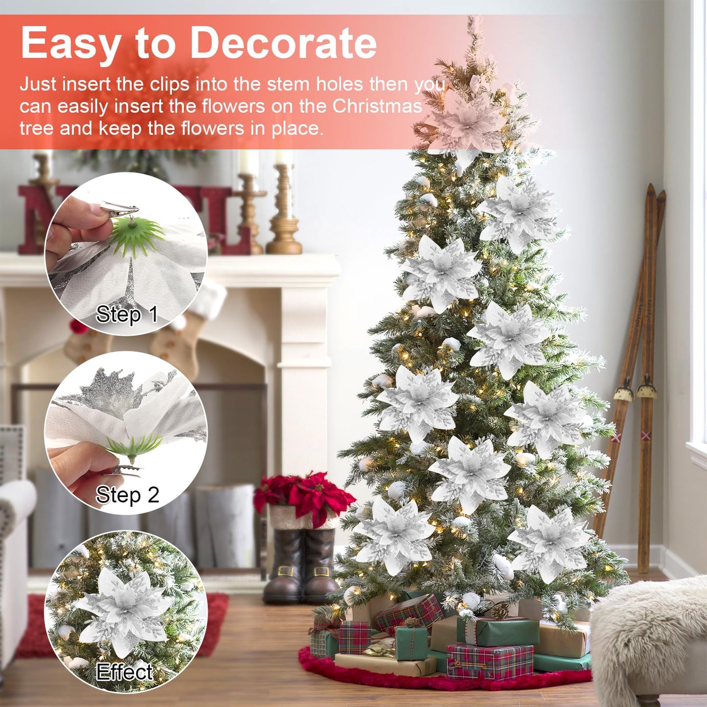 14PCS Christmas Tree Decorations Poinsettias Artificial Flowers-5.5“ Glitter Poinsettia Artificial Flowers with 14pcs Clips Glitter Poinsettia Christmas Ornaments for Xmas Party Ornaments and Decor