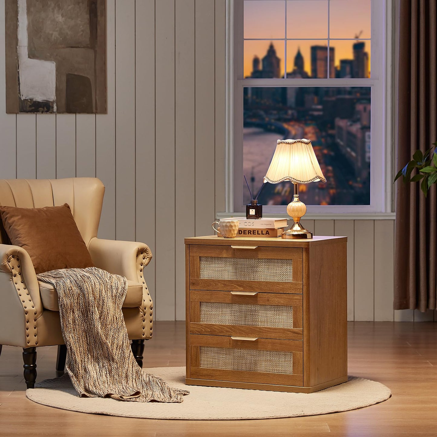 LEYAOYAO Rattan Night Stand with Drawers, 23" Large 3 Drawer Boho Nightstand, Natural Wood Bedside Table Storage Cabinet, Bed Side End Tables Dresser for Bedroom, Living Room, Hallway, Closet