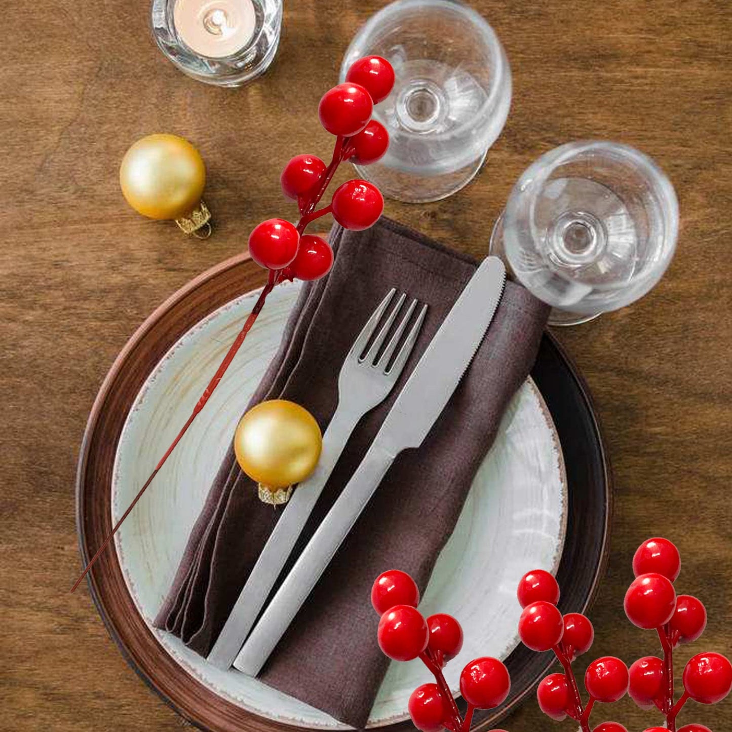 SLXDEX 24 pcs Red Holly Berry Stem Picks - Decorative Wire Stem Branch Sprays for Christmas Tree Decoration, Holiday Decor, Silk Flower Arrangements, Home DIY Crafts (24, 6.7inch)