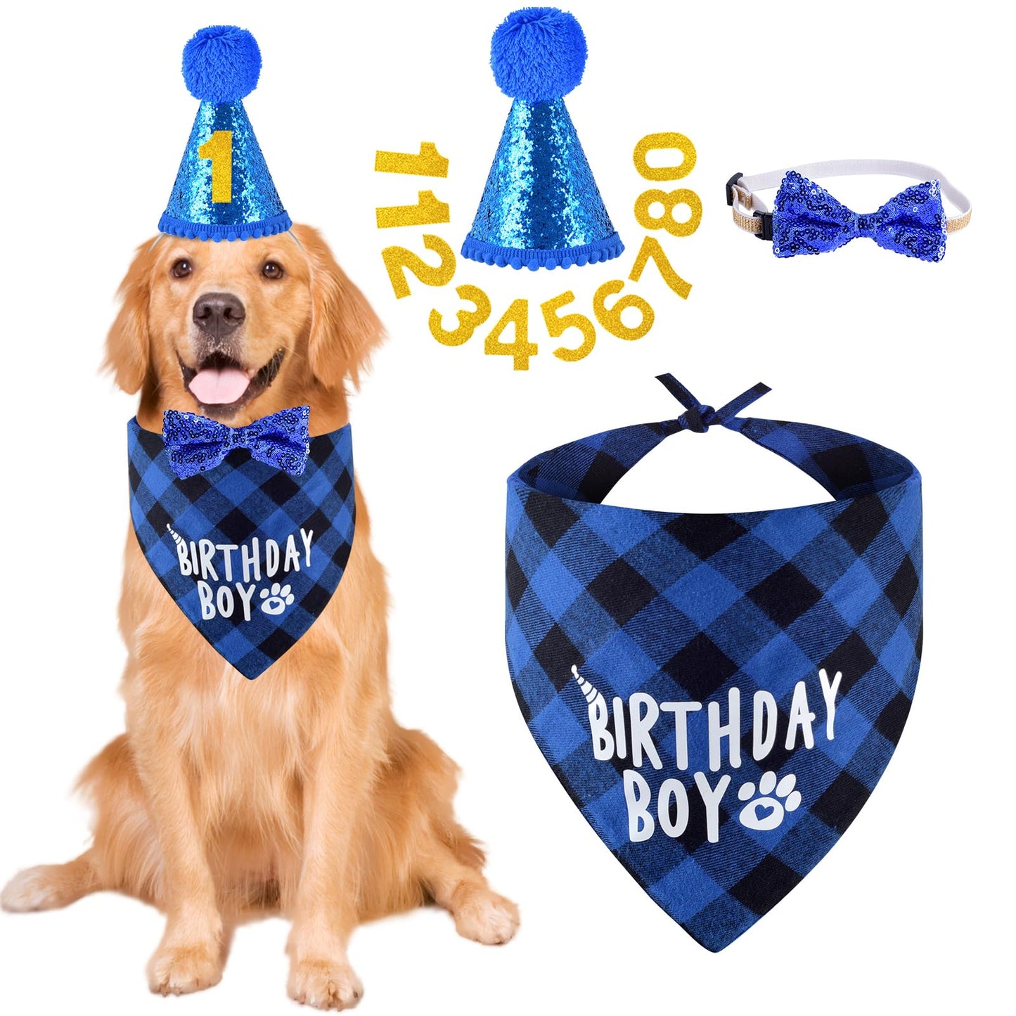 JCSHIMO Dog Birthday Party Supplies, Dog Birthday Bandana Hat Numbers Bow Set for Small, Medium, Large Dogs Pets Party Decorations