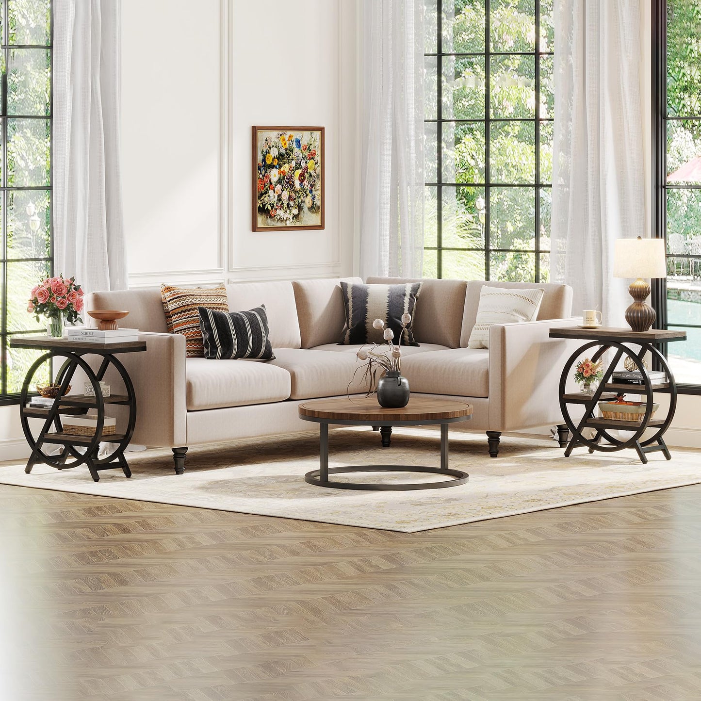 LITTLE TREE End Table, Narrow Side Table with 4-Tier Large Storage Space, Modern Bedside Table for Living Room, Home Office, Bedroom, Set of 2, Grey