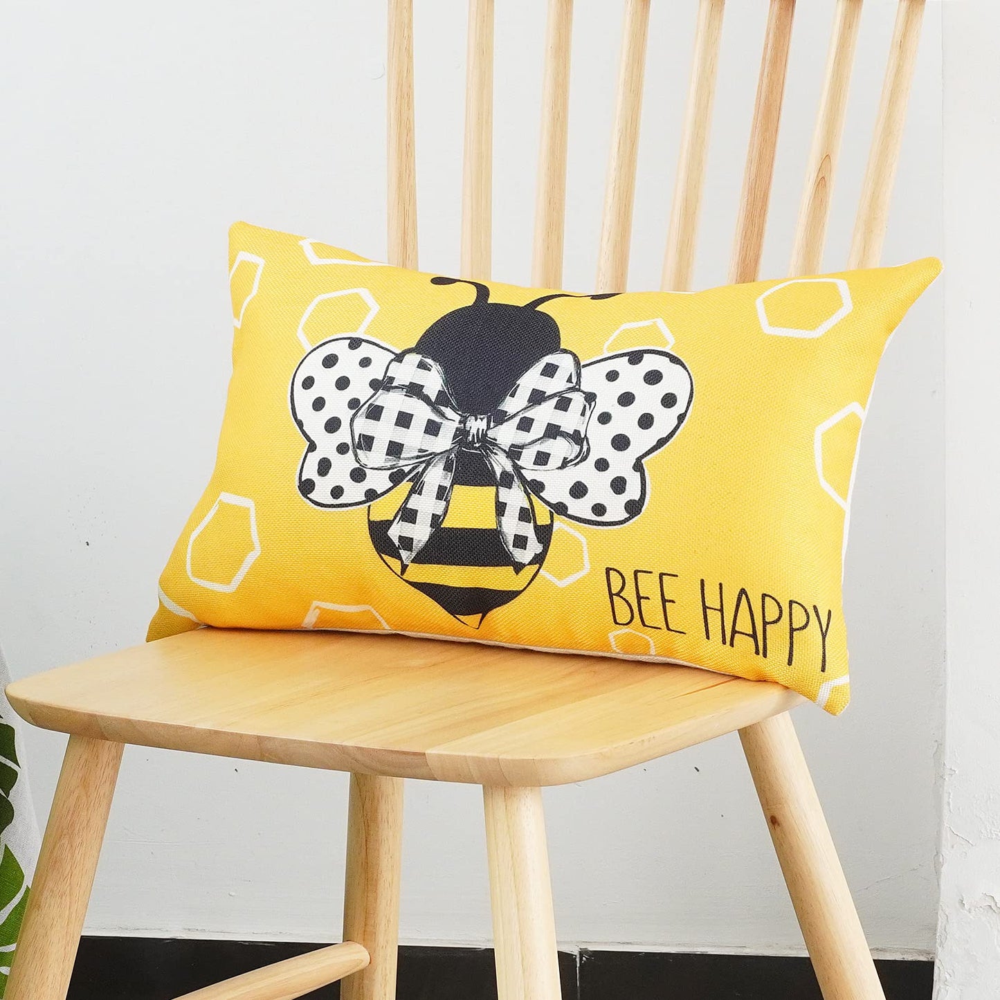 ONWAY Bees Summer Throw Pillow Covers 12x20 Inch Set of 2 Stripes Polka Dots Honey Bee Yellow Decorative Lumbar Farmhouse Cushion Case for Sofa Couch Home Bed
