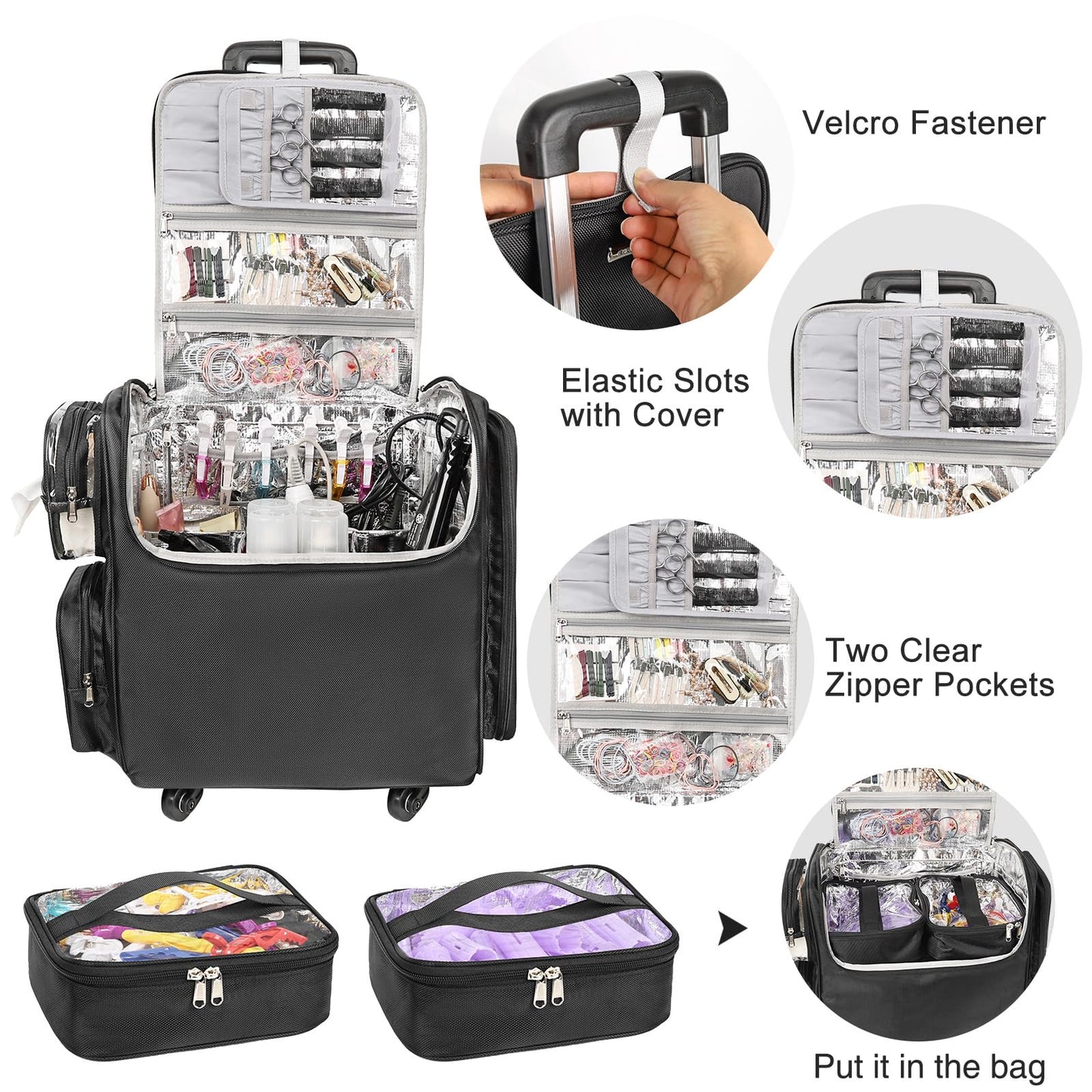 Relavel Rolling Makeup Train Case with Clear Makeup Brush Case, Hairstylist Traveling Bag with 4 Wheels, Heat Insulation Full Layer, Adjustable Dividers, Hair Tools and Cosmetics Storage Organizer