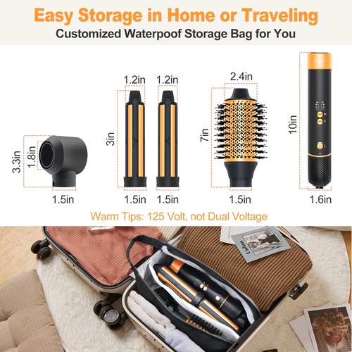 Air Styler Hair Dryer Brush - 110000 RPM Powerful Blow Dryer Brush for Professional Fast Drying, Curling, Volumizing, Multi-Styler with Auto-Wrap Curlers, Oval Brush, Round Nozzle (Black-Orange)