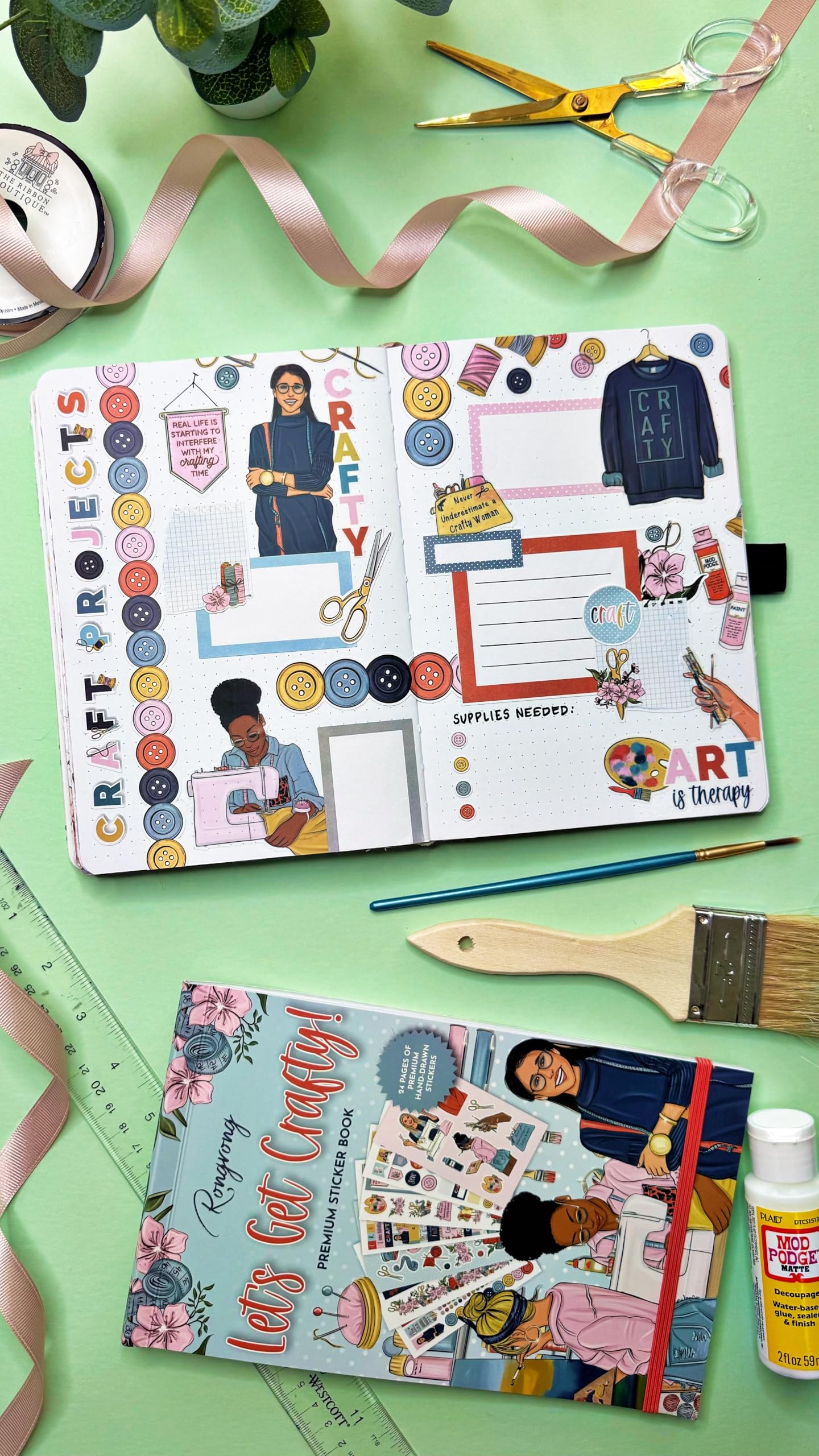 Rongrong Let's Get Crafty Planner Stickers Book for Planners, Calendars, Journals and Projects – Premium Quality Hand Drawn Creative Sewing Knitting Supplies – Scrapbook Accessories – 24 Pages
