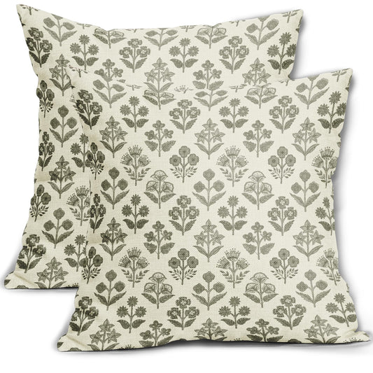 Olive Green Floral Pillow Covers 18x18 Inch Set of 2, Vintage Flower Block Print Pattern Decorative Throw Pillowcases Outdoor Farmhouse Cushion Covers Spring Summer Rustic Sofa Couch Bed Decor