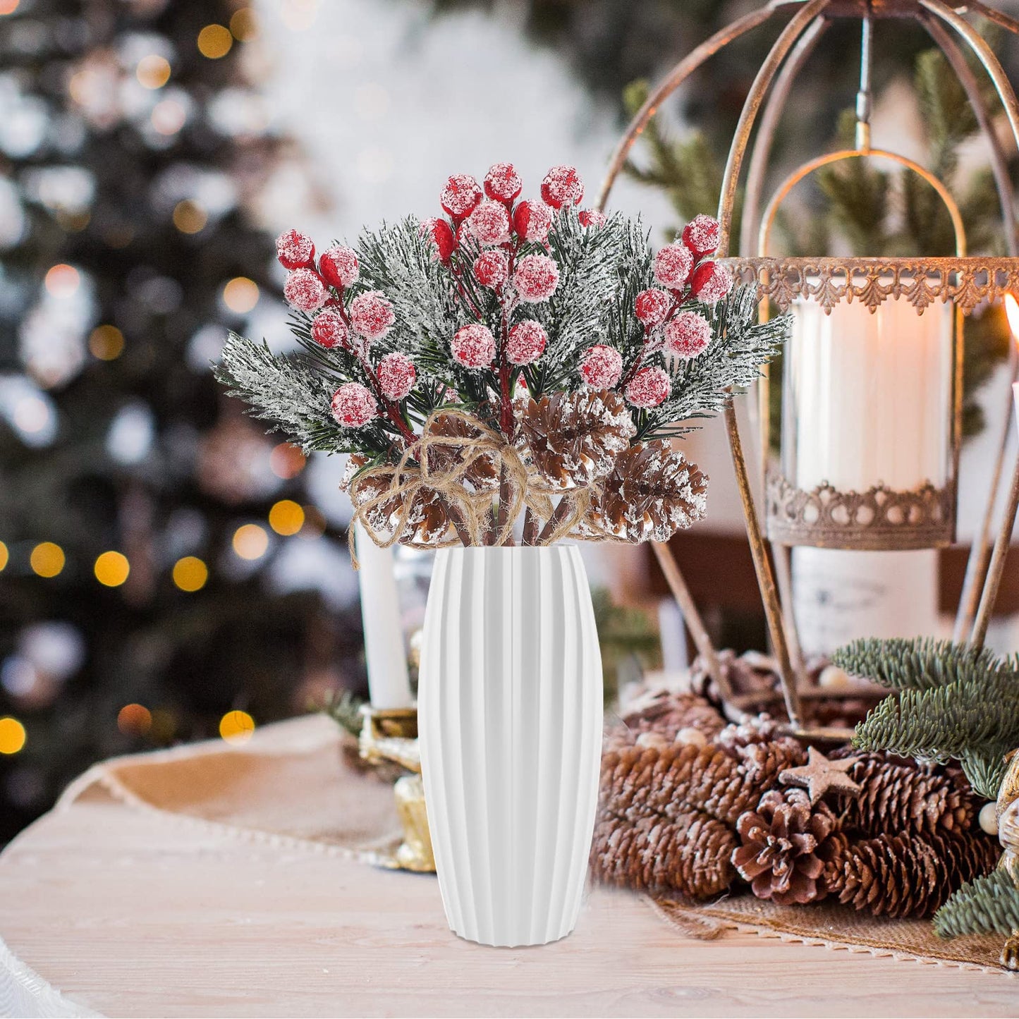 Artificial Red Berry Stems Pine Branches with Twine Bow,Christmas Pine Picks Fake Red Berry Wreath Picks, Christmas Trees Decoration Bouquets Garland Wreath Arrangements for Holiday Decor(10 Pack/red)