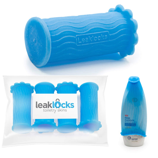 LeakLocks® Toiletry Skins™ Elastic Sleeve for Leak Proofing Travel Container in Luggage. For Standard and Travel Sized Toiletries. Reusable Accessory for Travel Bag Suitcase and Carry-on Luggage