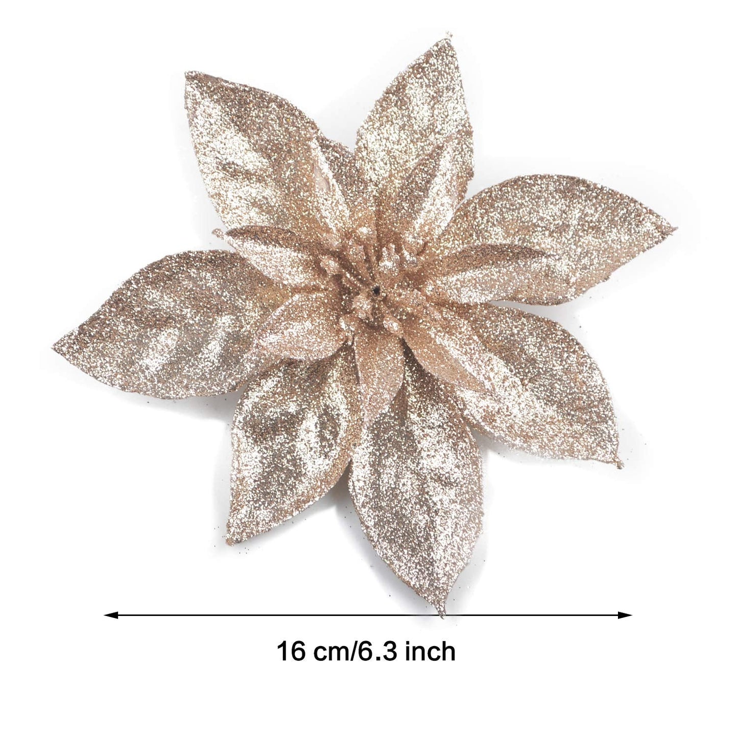 GL-Turelfies 12 Pcs Glitter Christmas Flowers(16cm/6.3’’) with 12 Pcs Clips Artificial Poinsettia Flower Christmas Tree Flower Decorations Xmas Tree Ornaments (Champagne)