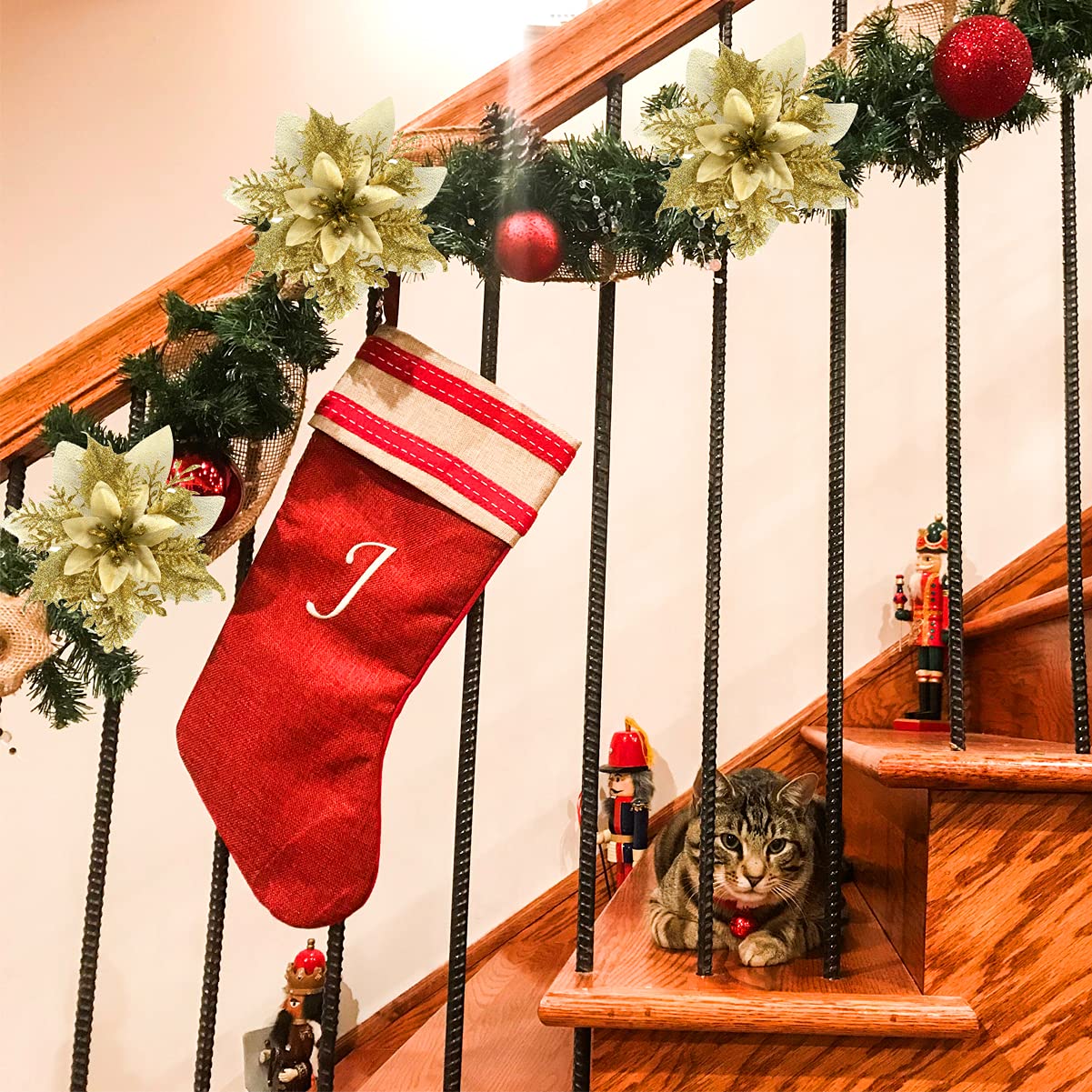 FurRain Christmas Poinsettia Artificial Flowers Decorations 5.5" Christmas Tree Wreaths Garland Decoration 12 Pcs Glitter Flowers Picks Decor for Xmas New Year Wedding Party Ornaments (Gold)