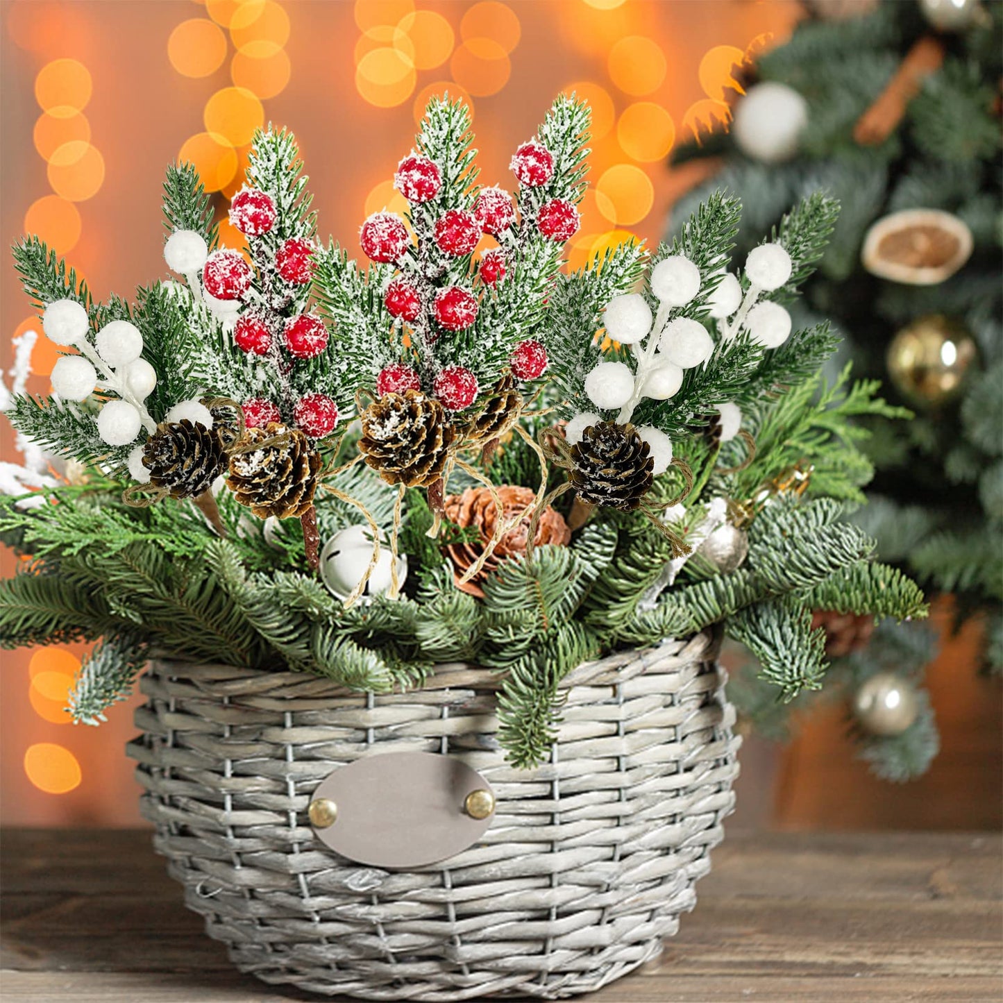 White Berry Stems Floral Pine Cones 10PCS Christmas Artificial Pine Branches Evergreen Berries Branch White Holly Spray Wreath Picks for DIY Craft Christmas Winter Décor