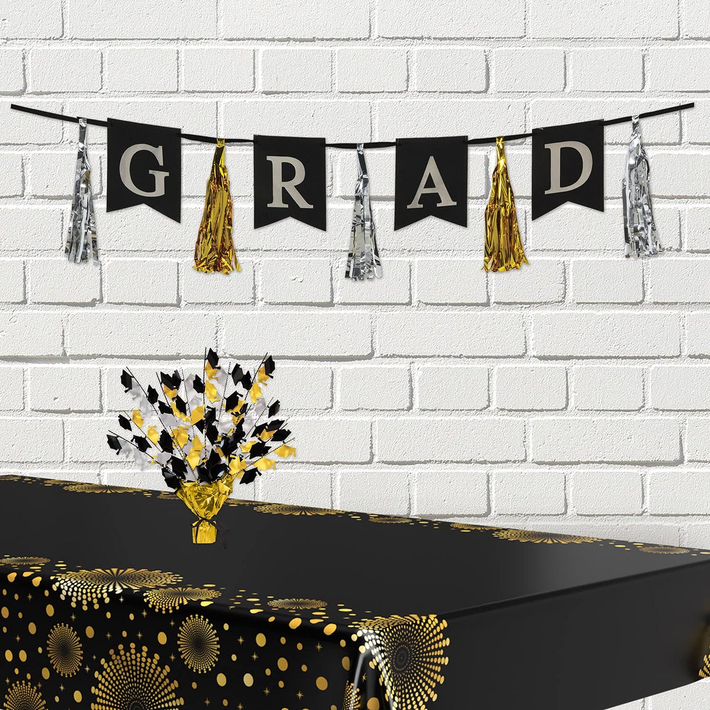 Beistle 2-Pack Metallic Gleam ’N Burst Centerpiece, Black/Gold/Silver Table Decor for Graduation Party with Mini Grad Caps, Tableware Decorations, 15"