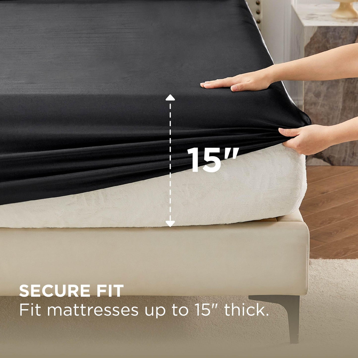 Bedsure Satin Fitted Sheet Only Twin Size - Black Silk Bed Sheet, Luxury & Ultra Soft, Non-Fading & Wrinkle Free, Good for Skin (Black, 39x75+15 Inches, 1 Piece, No Pillowcases)