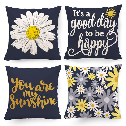 Hexagram Outdoor Pillow Covers 18x18, Blue Daisy Sunflower Throw Pillow Cover Set of 4 for Couch Living Room Sofa You are My Sunshine Dark Blue Home Decor