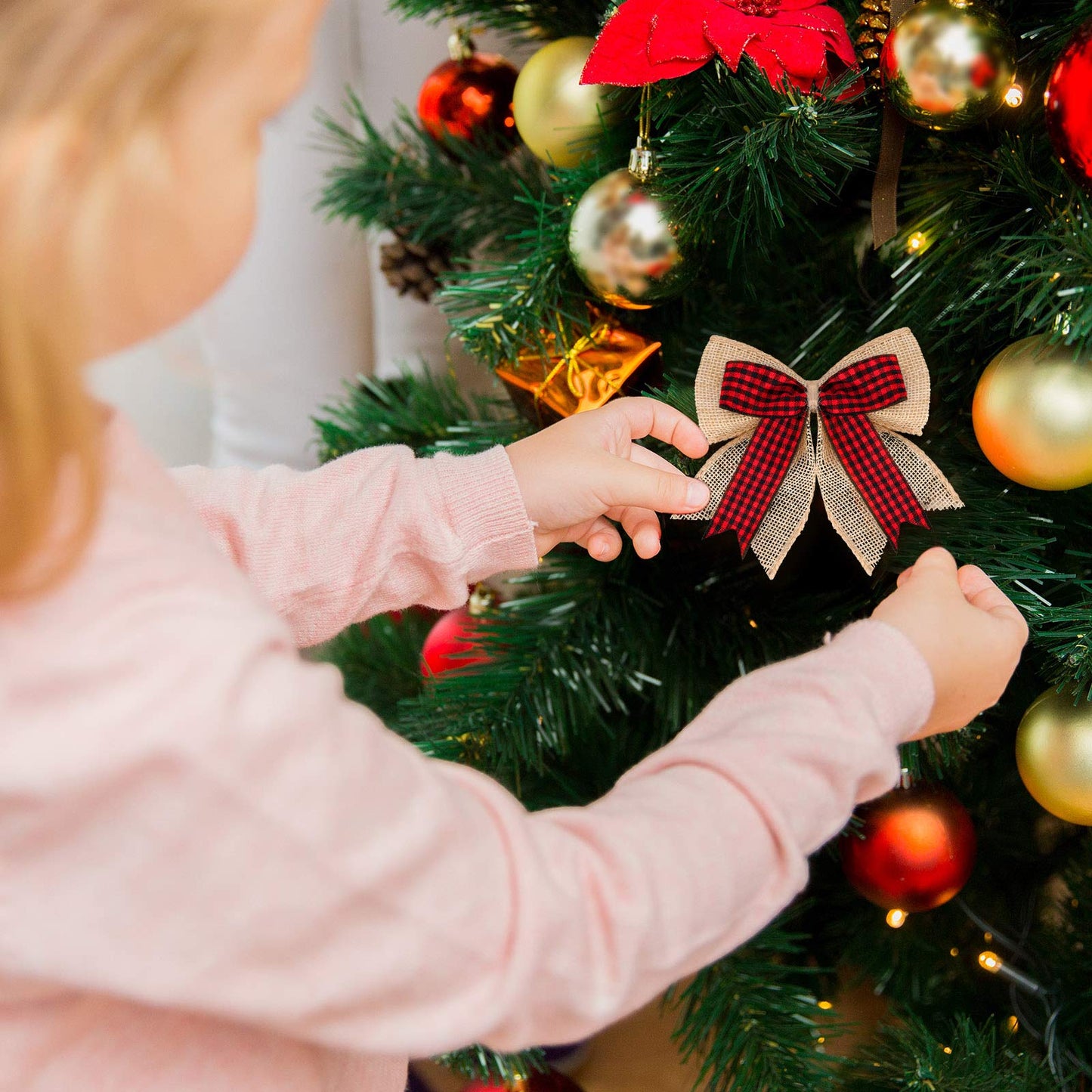 Syhood 12 Pieces Burlap Bows 4.8 x 4.8 Inches for Christmas Tree - Double Layer Plaid Wreath Decorative for Christmas Decorate Tree Festival Holiday Party Supplies (Red and Black)