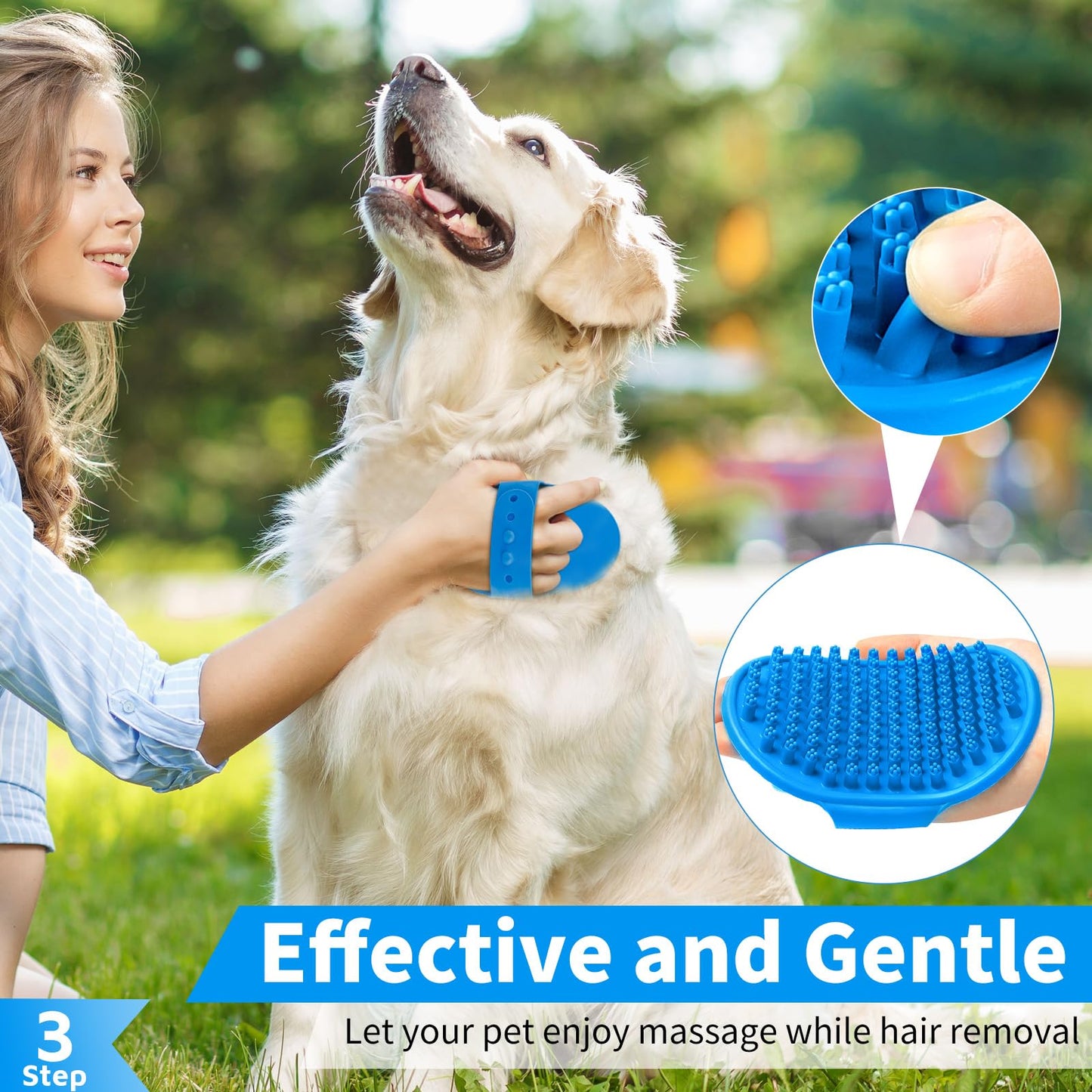 Comotech 3PCS Dog Bath Brush | Dog Shampoo Brush | Dog Scrubber for Bath | Dog Bath Brush Scrubber | Dog Shower/Washing Brush with Adjustable Ring Handle for Short & Long Hair (Blue Blue Blue)