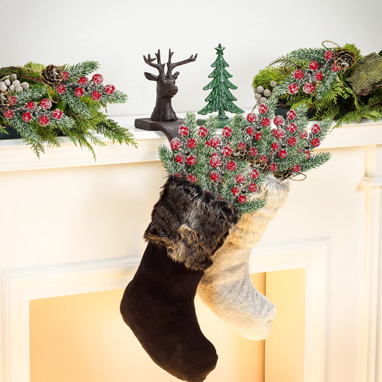 Red Berry Stems Floral Pine Cones Branches 10PCS Christmas Artificial Evergreen Pine Branches Holiday Floral Picks Holly Stem Craft for Decoration DIY Christmas Xmas Garland Wreath Decoration