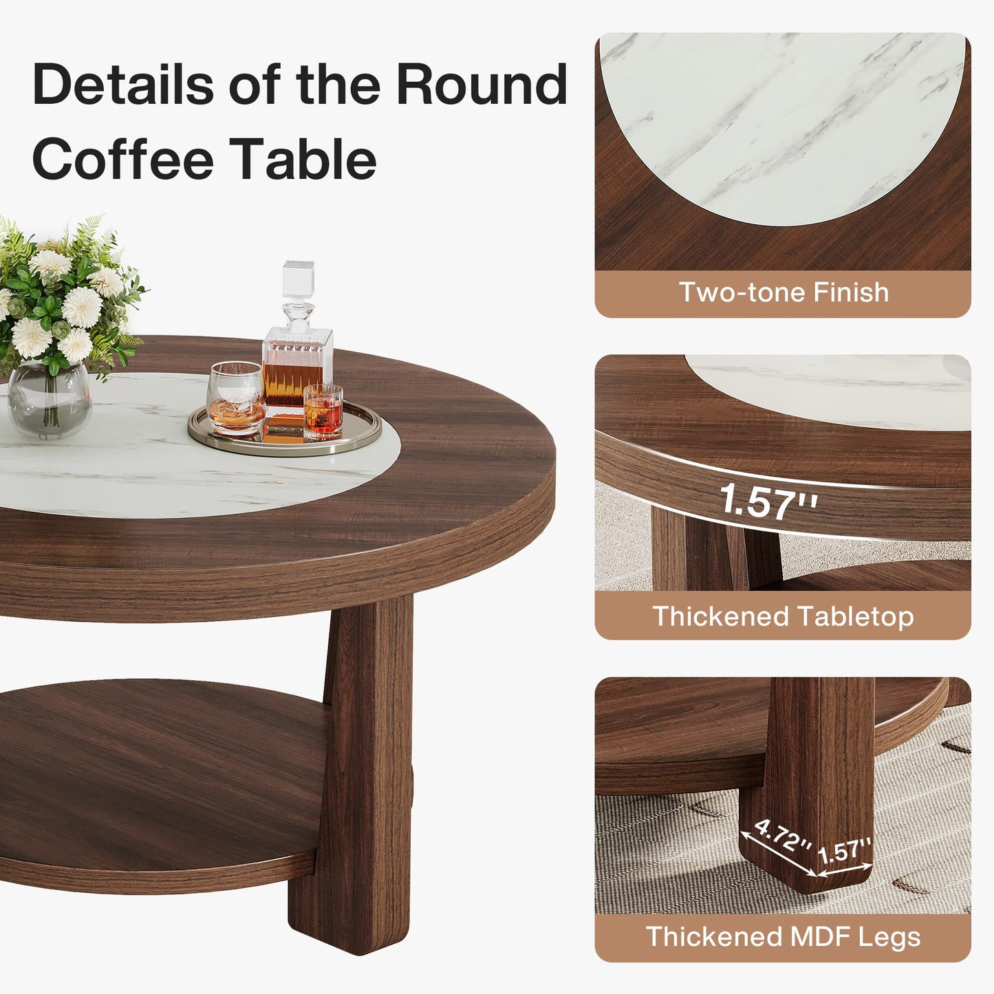 Tribesigns Coffee Table, 2-Tier Round Coffee Table with Heavy-Duty Wood Tabletop for Living Room, Industrial Circle Wood Accent Center Table with Storage, Brown and White