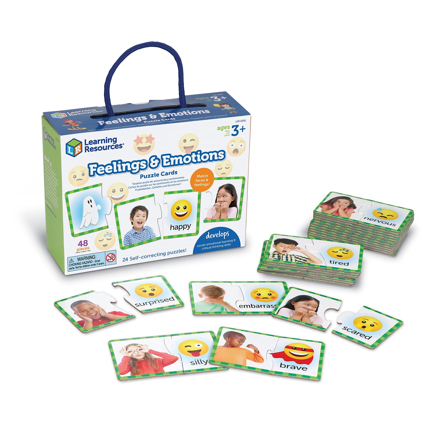 Learning Resources Feelings & Emotions Puzzle Cards, Social Skills, Autism Learning Materials, Speech Therapy Materials, Social Emotional Learning Toys and Games for Kids, 48 Pieces, Ages 3+