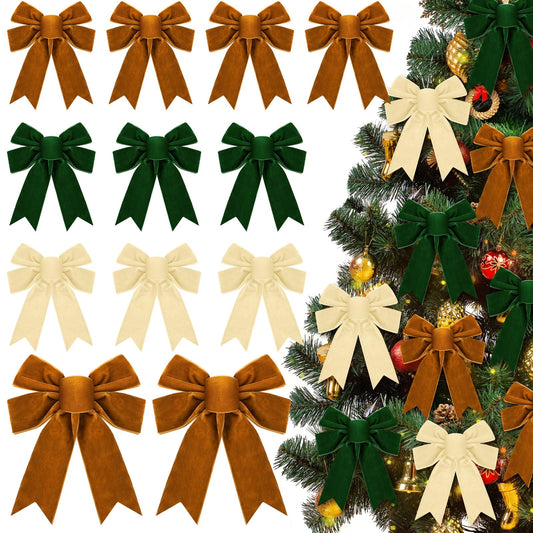Knitgrip 12 Pcs Christmas Velvet Bows 5 x 7 Inch Rustic Wreath Gift Bows Vintage Xmas Velvet Ribbon Holiday Ornaments for Christmas Tree Garland DIY Craft Wrapping Decor(Khaki, Green, Beige)