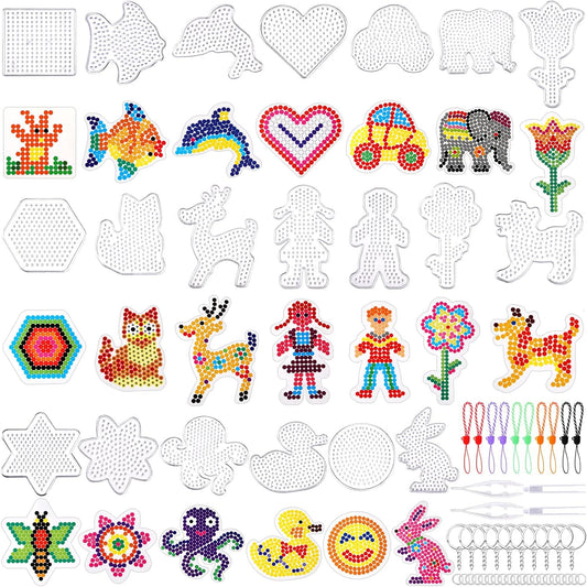 20 Pieces 5mm Fuse Beads Pegboards Clear Animal Shape Plastic Pegboards Craft Tray with 20 Pieces Colorful Cards for Kids DIY Craft Beads