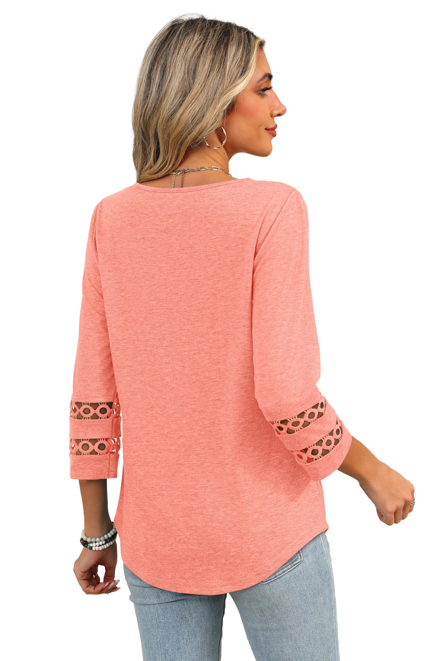 3/4 Length Sleeve Womens Tops and Blouses Lace Sleeve V Neck Tshirts Spring Tops for Women 2025 Resort Wear Coral S