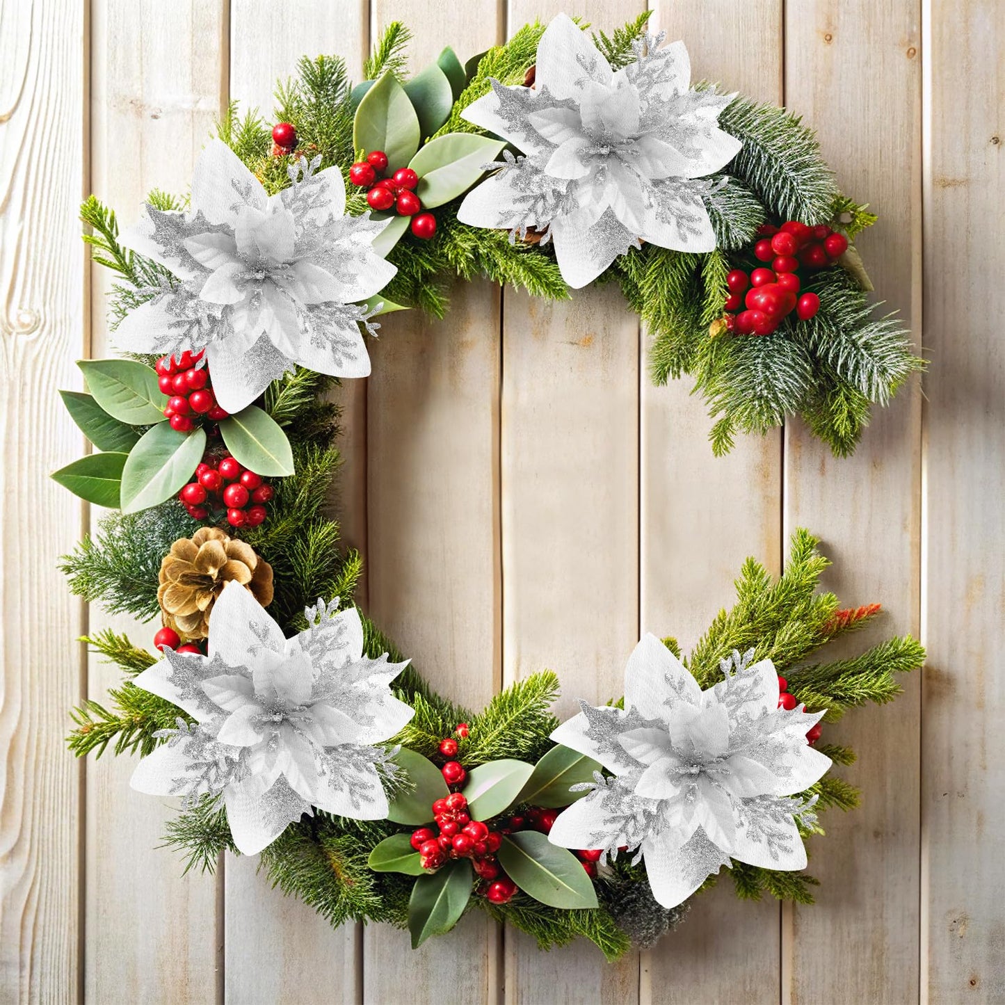 14PCS Christmas Tree Decorations Poinsettias Artificial Flowers-5.5“ Glitter Poinsettia Artificial Flowers with 14pcs Clips Glitter Poinsettia Christmas Ornaments for Xmas Party Ornaments and Decor