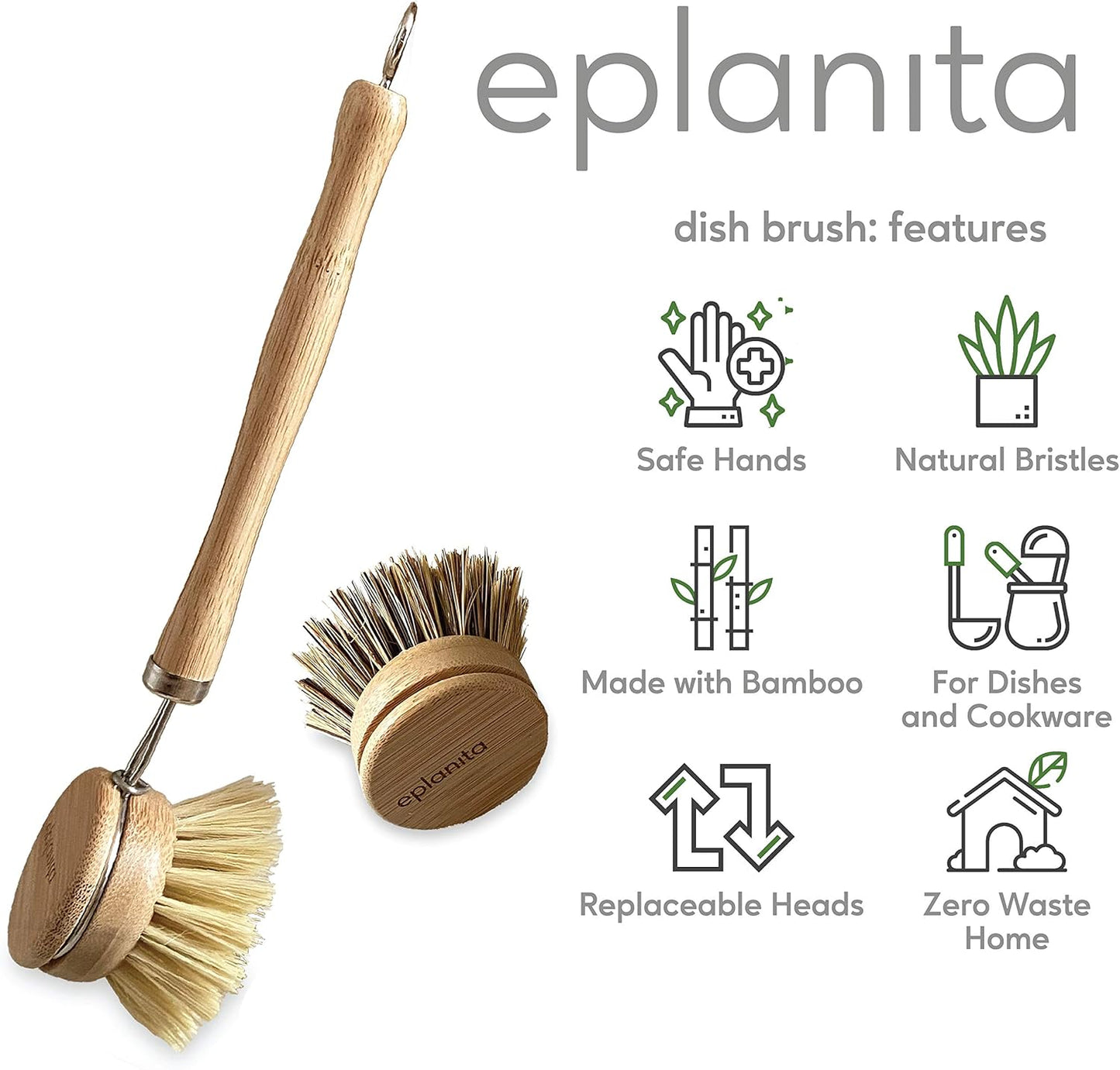 eplanita Natural Dish Brush, 3 Replacement Heads, Kitchen Eco Bamboo Scrubber Brushes, Extra Plant Sponge, Plastic Free Washing Up, Zero Waste Cleaning