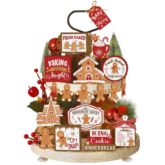 Funnymoom 17 Pcs Christmas Tiered Tray Decor Set Winter Tiered Tray Decorations Farmhouse Tabletop Centerpiece Christmas Wooden 3D Signs for Xmas Home Table Centerpiece Decorations(Gingerbread)