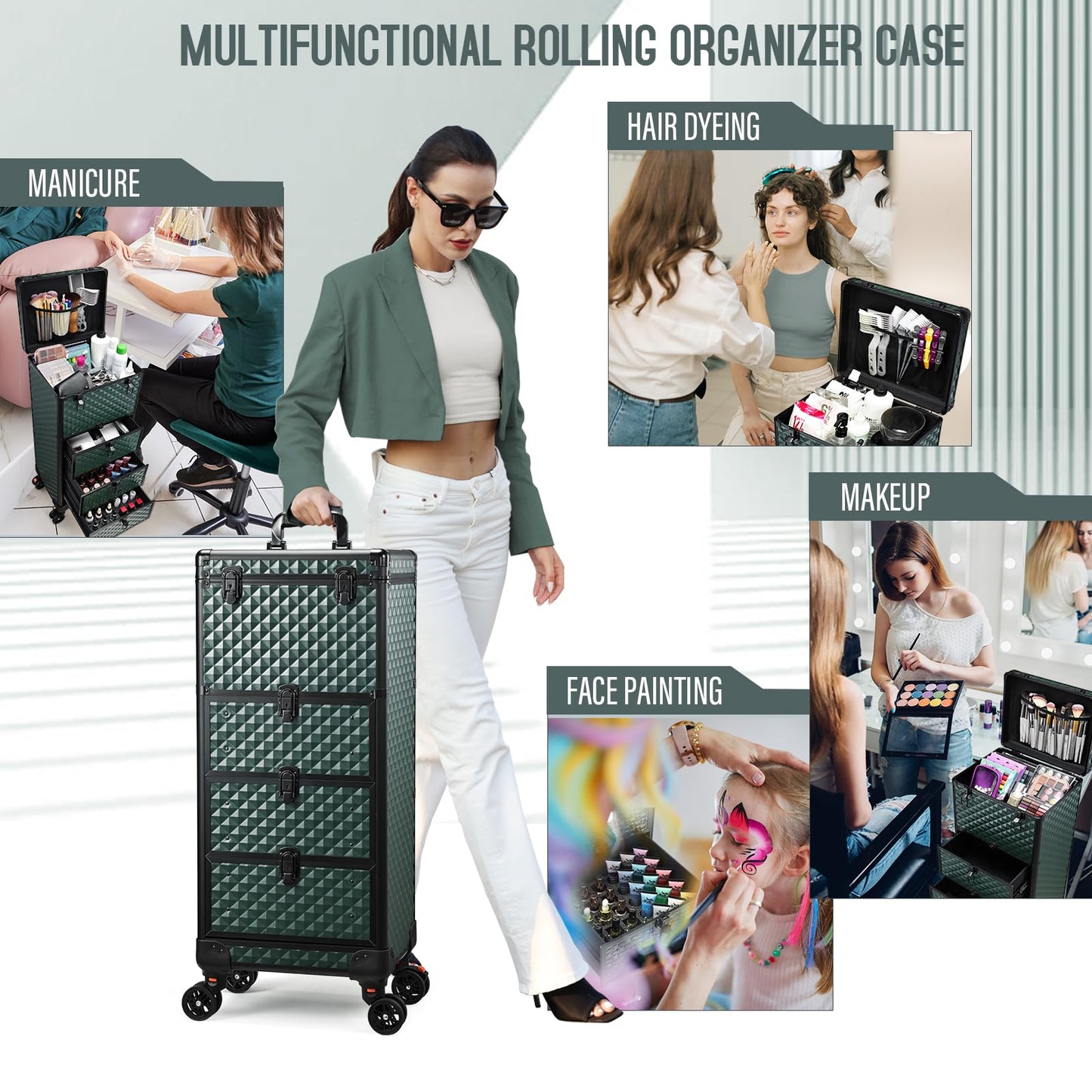 Yueieoun Salon Cart with 3 Drawers, Professional Trolley Cart for Beauty Salon, Rolling Train Case Makeup Organizer Case for Nail Tech (Dark Green)