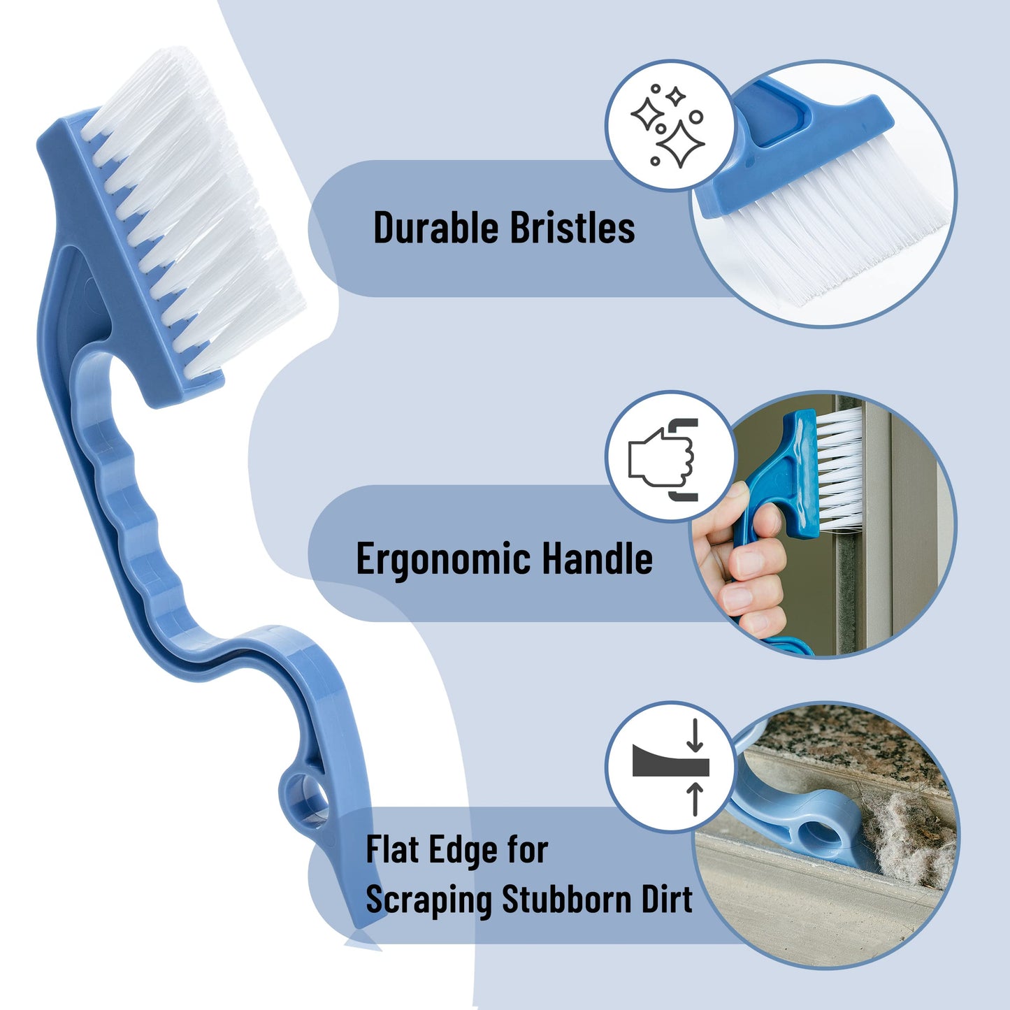 Slick- Window Track Cleaning Brush, 2 Pack, Blue Ergonomic Handle, Built-in Scraper, Multipurpose, Window Track Cleaning Tools