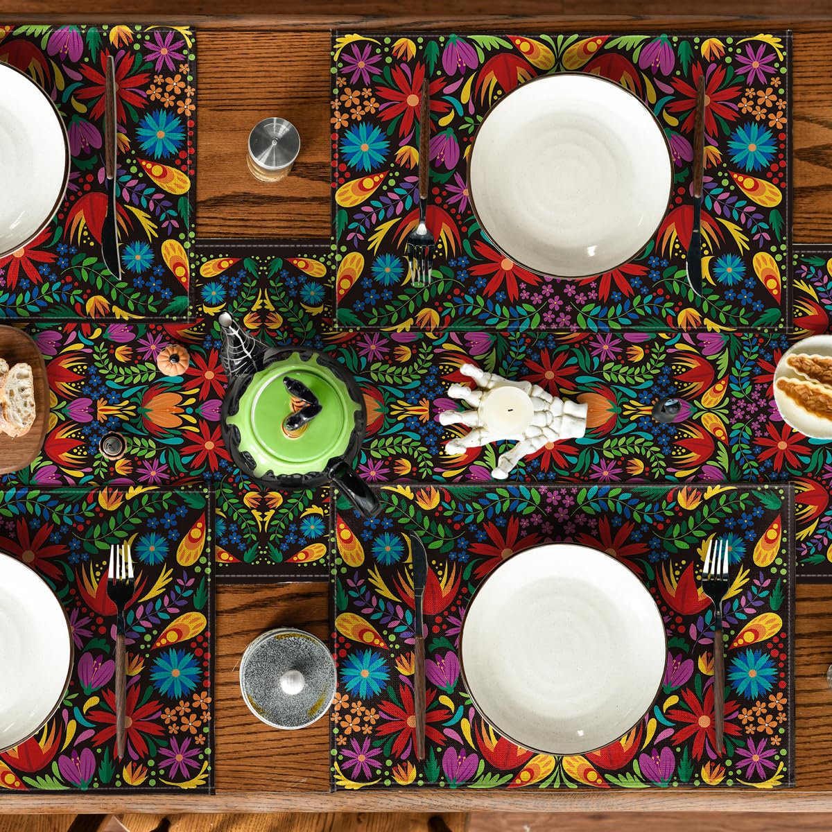 Artoid Mode Mexican Cinco De Mayo Placemats for Dining Table, 12 x 18 Inch Floral Fiesta Dia De Los Muertos Decoration Washable Table Mats Set of 4