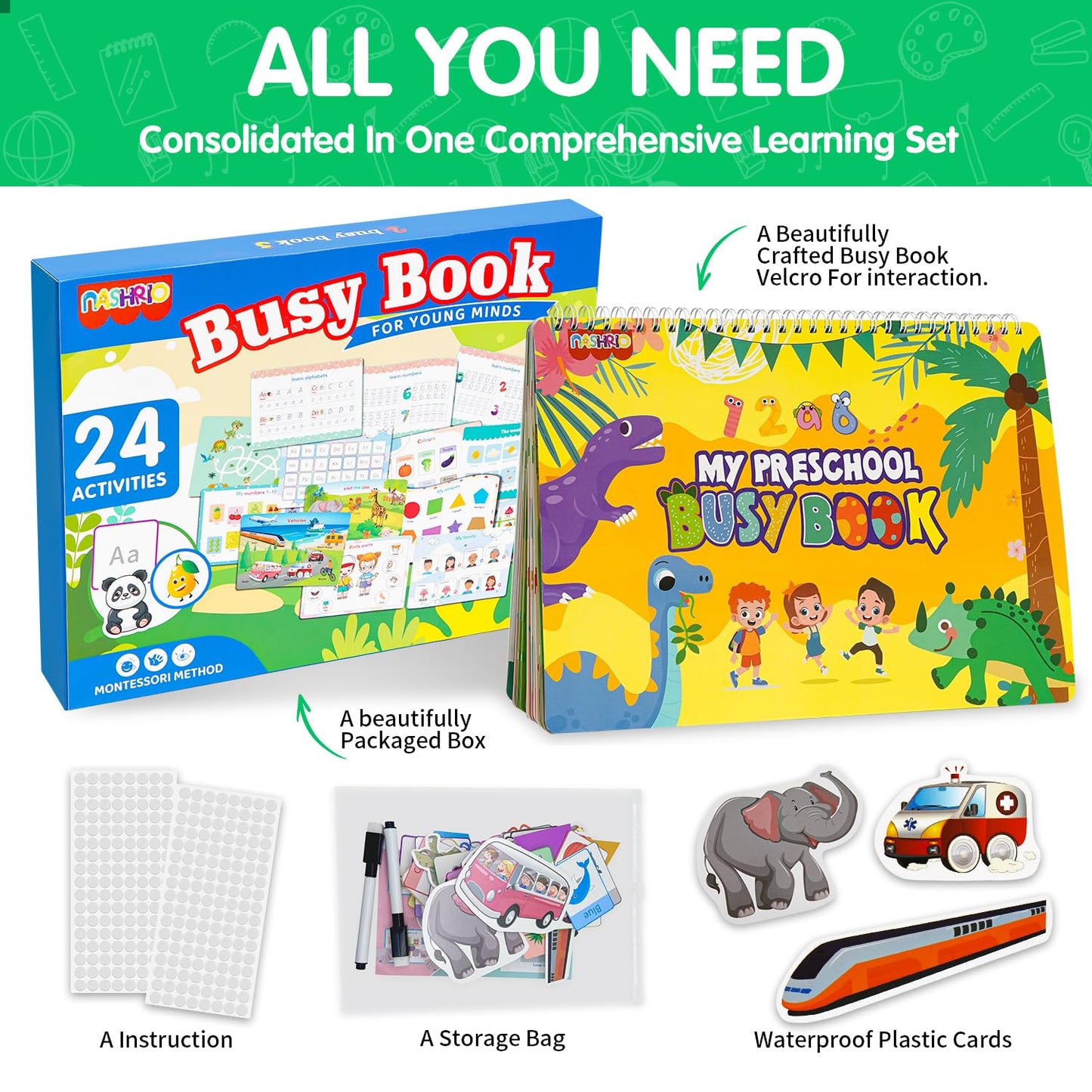 NASHRIO Montessori 24 Themes Busy Book for Toddlers 3-5, Engaging Preschool Learning Activities for Home School Travel – Educational Toy for 3-6 Year Old Boys & Girls