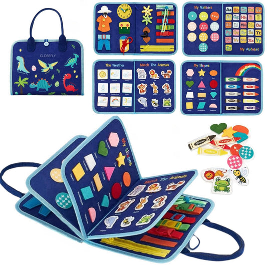 GLOBEFLY Toddler Busy Board Montessori Toys, Busy Book for Toddlers 1-3, Sensory Board Educational Activities for Learning Fine Motor Skills, Airplane Car Travel Toys Gifts for Girls Boys, Blue-5page