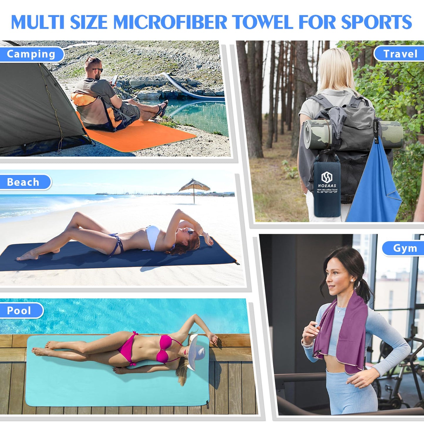 HOEAAS 2 Pack Microfiber Camping Towels, Quick Dry Towel, Super Absorbent Ultra Compact Travel Towel Soft Lightweight Sports Towel for Sweat Fast Drying Towels for Pool,Gym,Hiking,Backpacking,Fitness