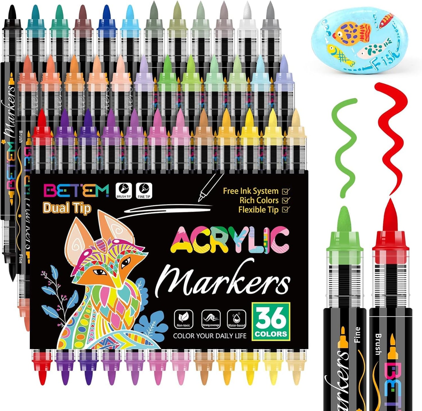 Betem Acrylic Paint Markers Paint Pens, 24 Colors Dual Tip Direct Liquid Acrylic Markers with Automatic Ink Control System, Fine & Brush Tip Art Supplies for Rocks, Wood, Stone, Fabrics, DIY Craft