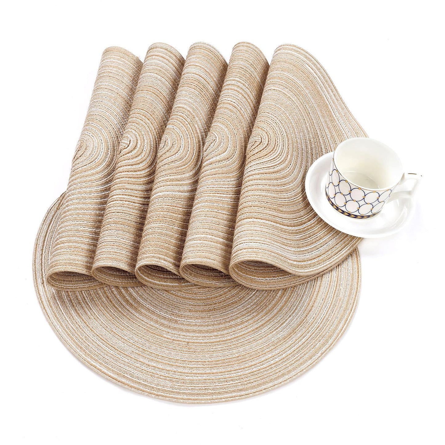 SHACOS 15 inch Round Braided Placemats Set of 6 Non Slip Heat Resistant Round Table Mats Washable Place Mats for Dinner Party Table Decoration (Beige, 6)