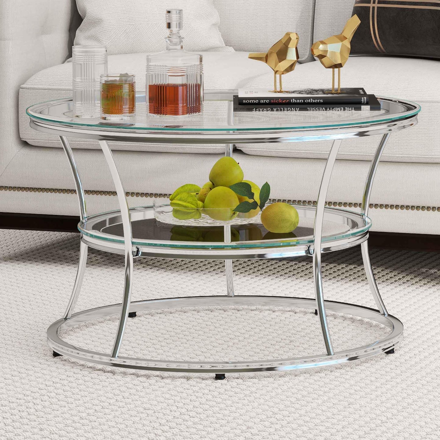 O&K FURNITURE Glass Coffee Table, 2-Tier Modern Living Room Table with Shelf, Tempered Glass & Chrome Frame, Silver Center Table for Living Room & Office, Chrome Finish, 1 PC