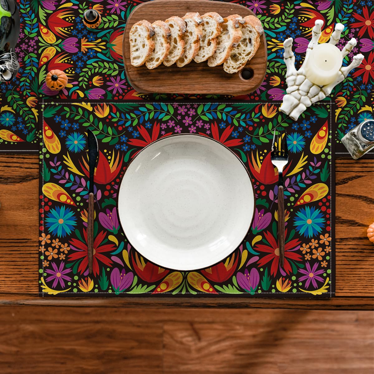 Artoid Mode Mexican Cinco De Mayo Placemats for Dining Table, 12 x 18 Inch Floral Fiesta Dia De Los Muertos Decoration Washable Table Mats Set of 4