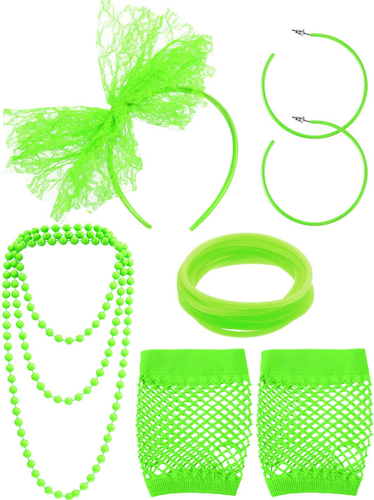 Blulu 80s Fancy Dress Costume Accessories Lace Headband Earrings Fishnet Gloves Necklace Bracelet for Women 80's Party