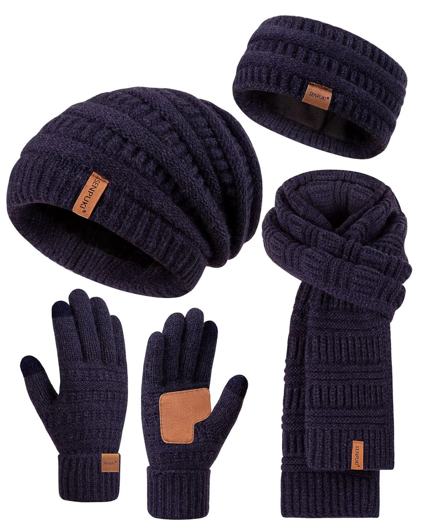 Womens Winter Beanie Hat Scarf Gloves Headband Set, Slouchy Beanie Ear Warmer Knit Scarf Touchscreen Gloves Warm 4 Gift Set