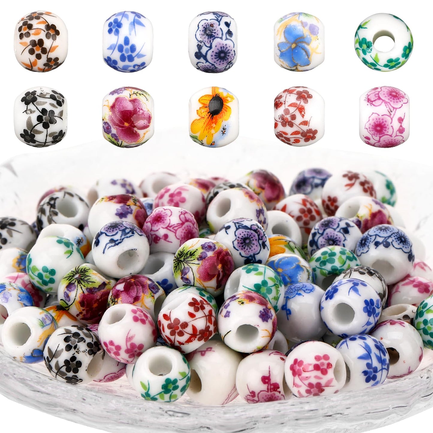 Ceramic Beads, 100Pcs Round Porcelain Beads 8 mm Blue Flower Printed Spacer Beads Handmade Porcelain Craft Beading Kit for Jewelry Making Supplies DIY Crafts Bracelets Necklace