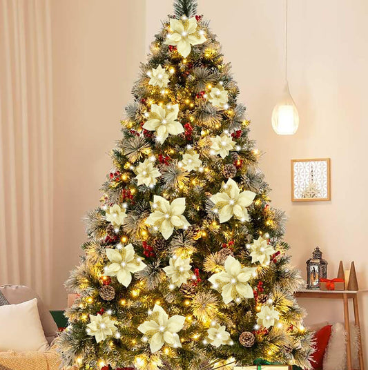 Geefuun 28PCS Christmas Tree Decorations: Poinsettias Artificial Flowers Ornaments Xmas Gold Glitter Flower with Clips