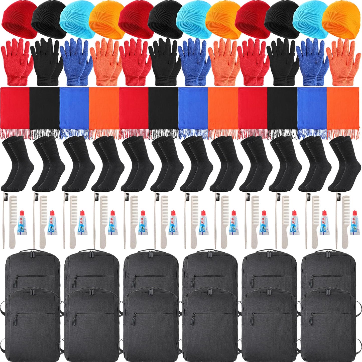 Panitay 12 Sets Homeless Care Package Supplies Bulk Include Travel Size Toiletries Kit Hat Scarves Gloves Socks and Backpack for Emergencies, Homeless, Charity Winter Survival Item