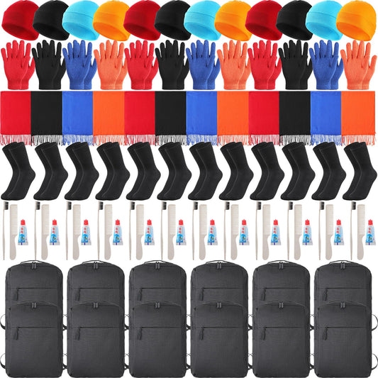 Panitay 12 Sets Homeless Care Package Supplies Bulk Include Travel Size Toiletries Kit Hat Scarves Gloves Socks and Backpack for Emergencies, Homeless, Charity Winter Survival Item